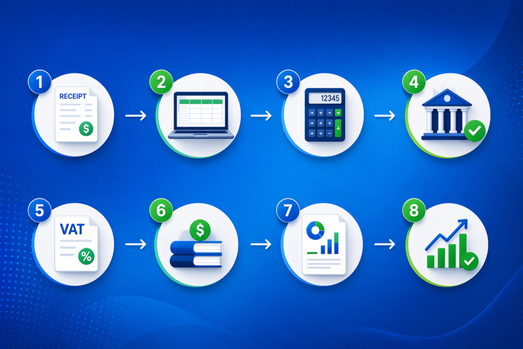 Fix Messy Books process showing 8 step bookkeeping cleanup workflow