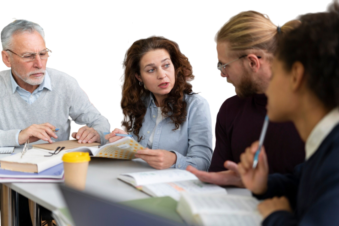 Professional services team discussing bookkeeping issues and reviewing financial records during a client meeting