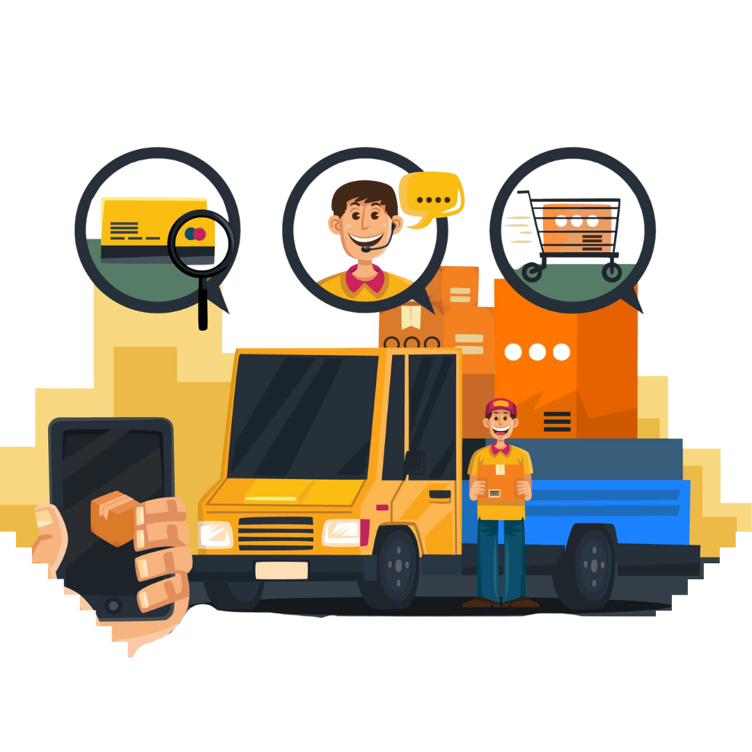 Logistics and transport illustration with freight truck, delivery driver, logistics icons, and bookkeeping rescue services