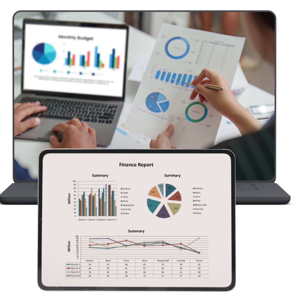 Management reports cleanup service showing financial dashboards, charts, and rebuilt business reporting by Rescue My Books