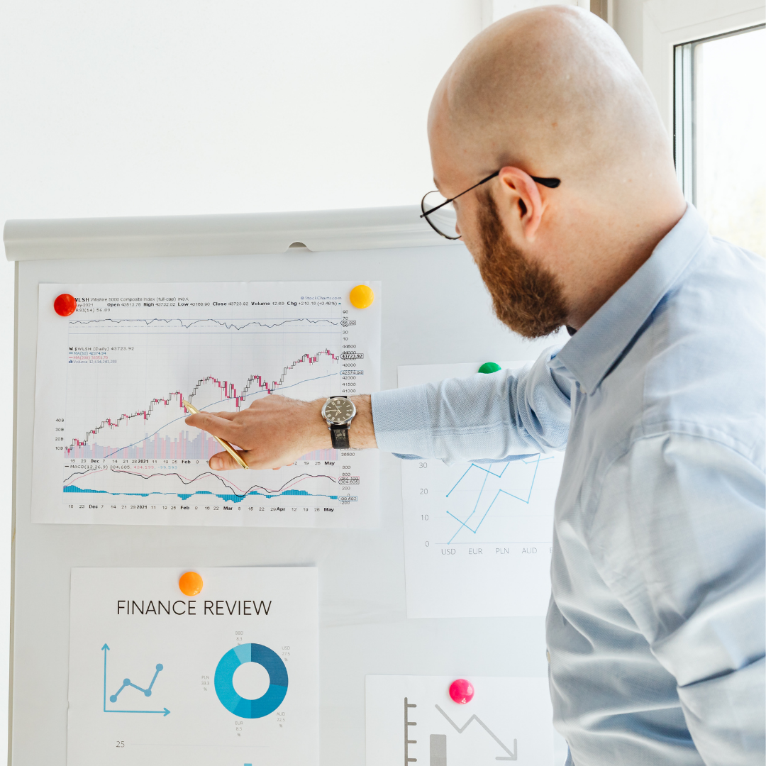 Business professional reviewing financial charts and management reports during a management reports cleanup process