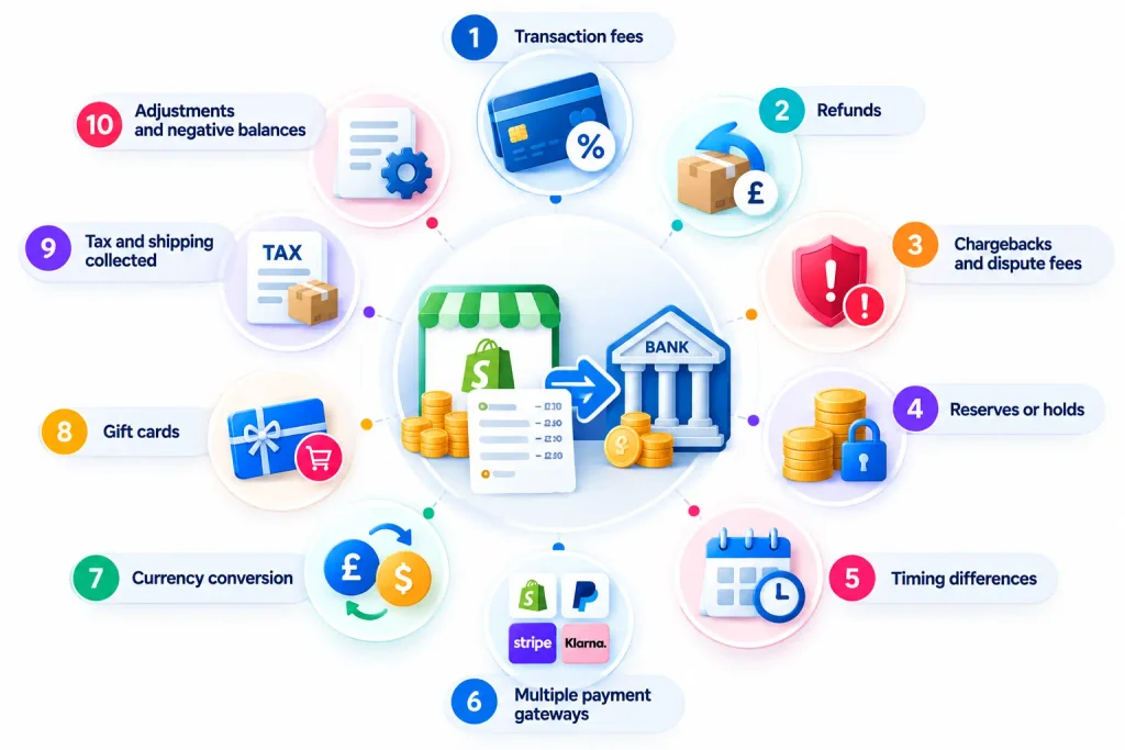 Shopify payout reconciliation flow showing Shopify Payments, PayPal, Stripe, Klarna, clearing account, processing fees, refunds and bank payouts.