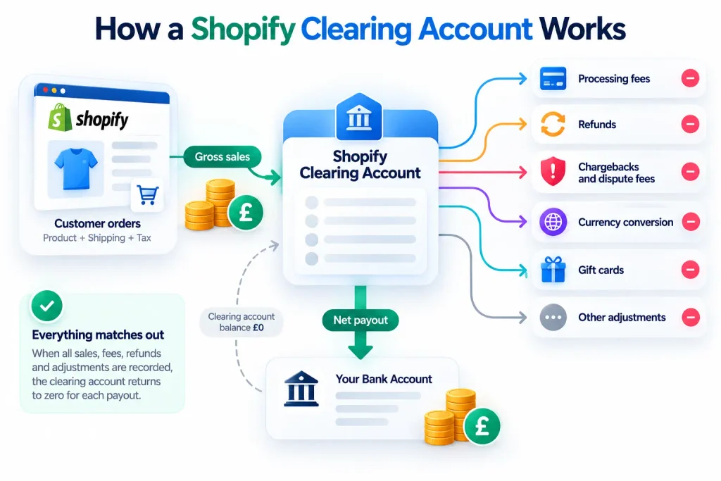 Shopify payout reconciliation diagram showing gross sales entering a clearing account, with processing fees, refunds, chargebacks and adjustments before the net bank payout.