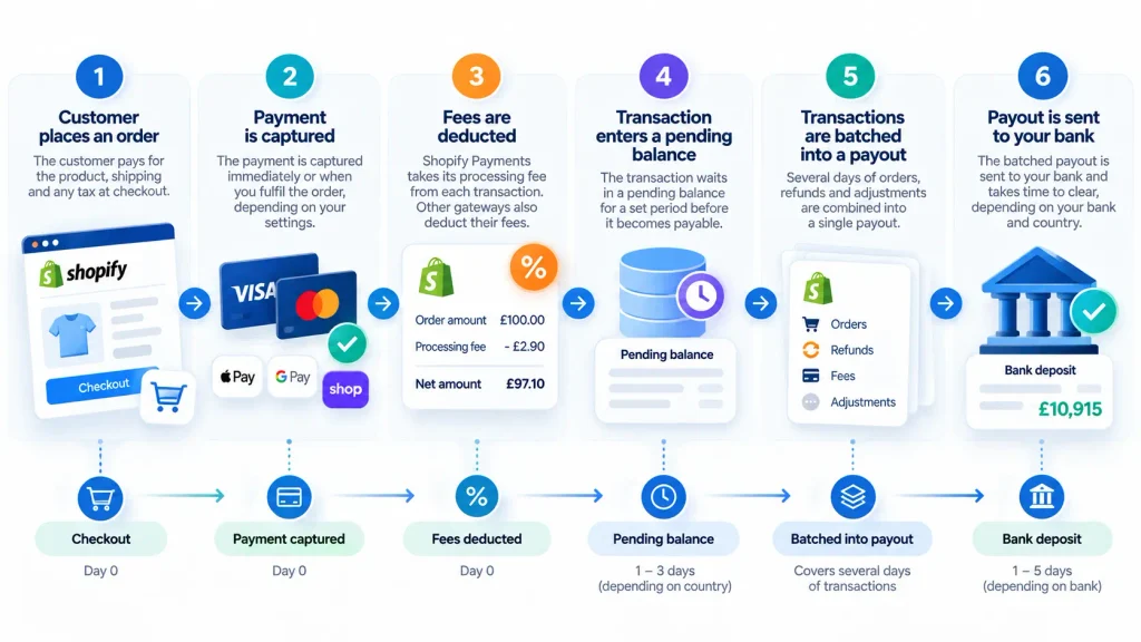 Six-step Shopify payout reconciliation process showing customer checkout, payment capture, processing fees, pending balance, payout batching and bank deposit.