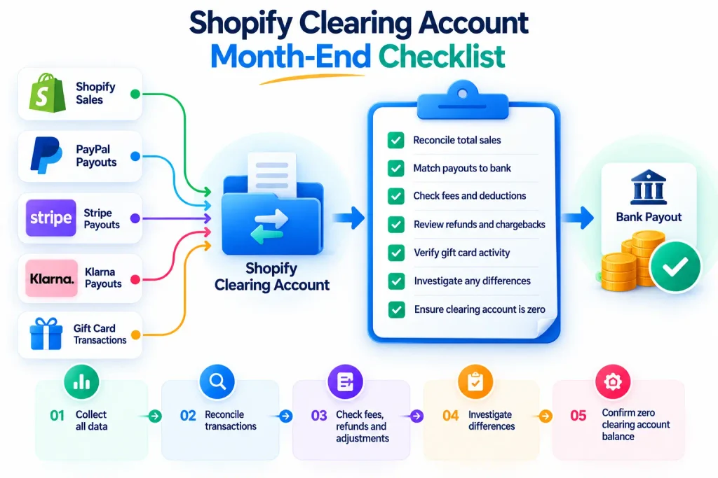 Shopify payout reconciliation month-end checklist showing Shopify, PayPal, Stripe and Klarna payments, clearing account checks, fees, refunds and bank payout matching.