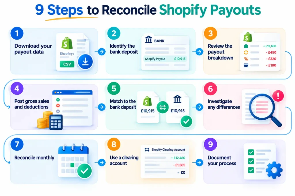 Nine-step Shopify payout reconciliation infographic showing payout reports, bank deposit matching, fees, clearing accounts and monthly reconciliation.
